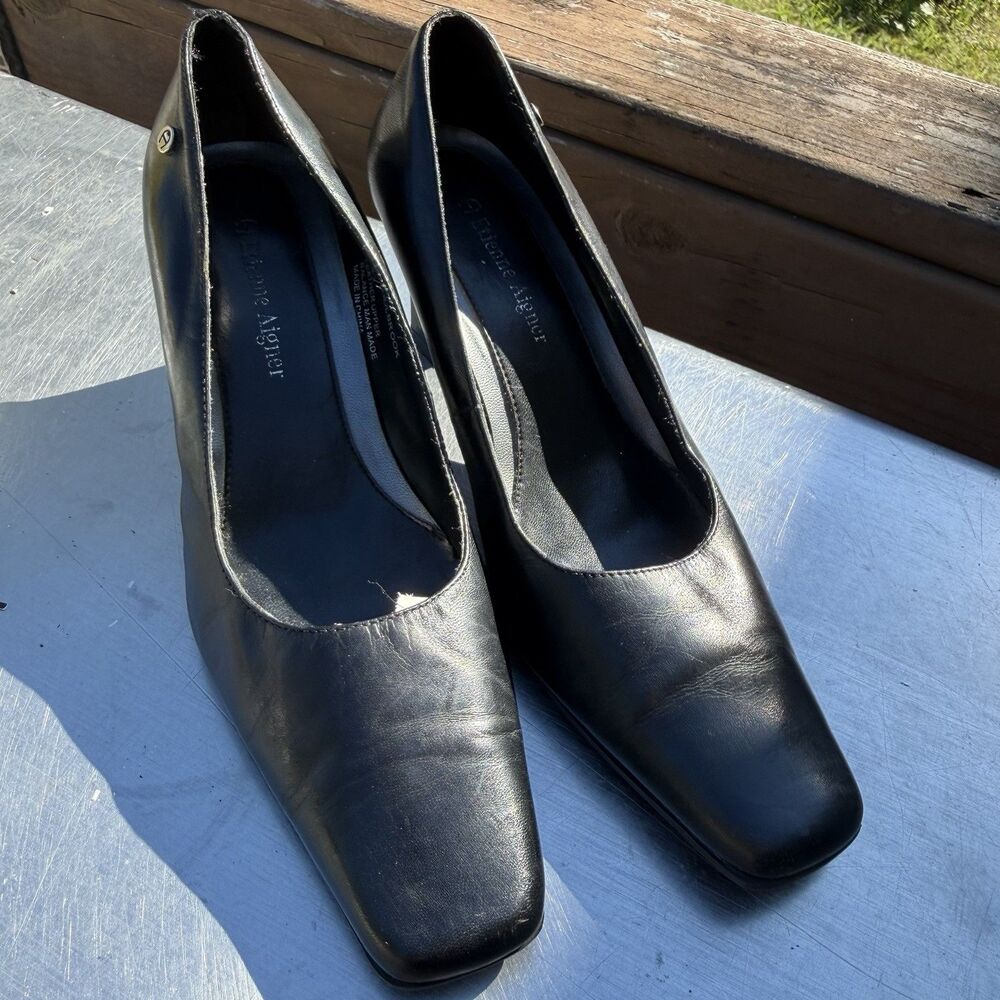 Etienne Aigner Women's Black Leather Square Toe Pumps Heels Classic Career Shoes